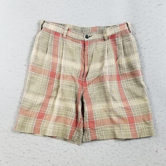 Nautica Shorts Mens 34 Red Green Tan Madras Plaid Linen Skipper Summer Casual - Picture 1 of 16